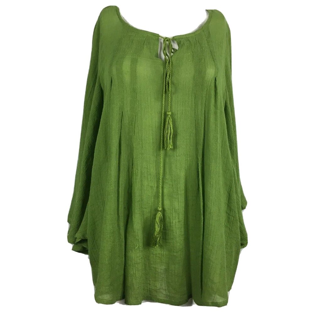 Jodifl Shirt Womens Sz M Green Tasseled Tie Neck Flowy Long Sleeve